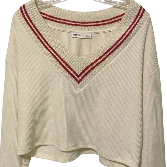 Elodie Sweaters - Tennis Core Crop Varsity V-Neck Sweater M Cream Red Stripes Preppy Collegiate